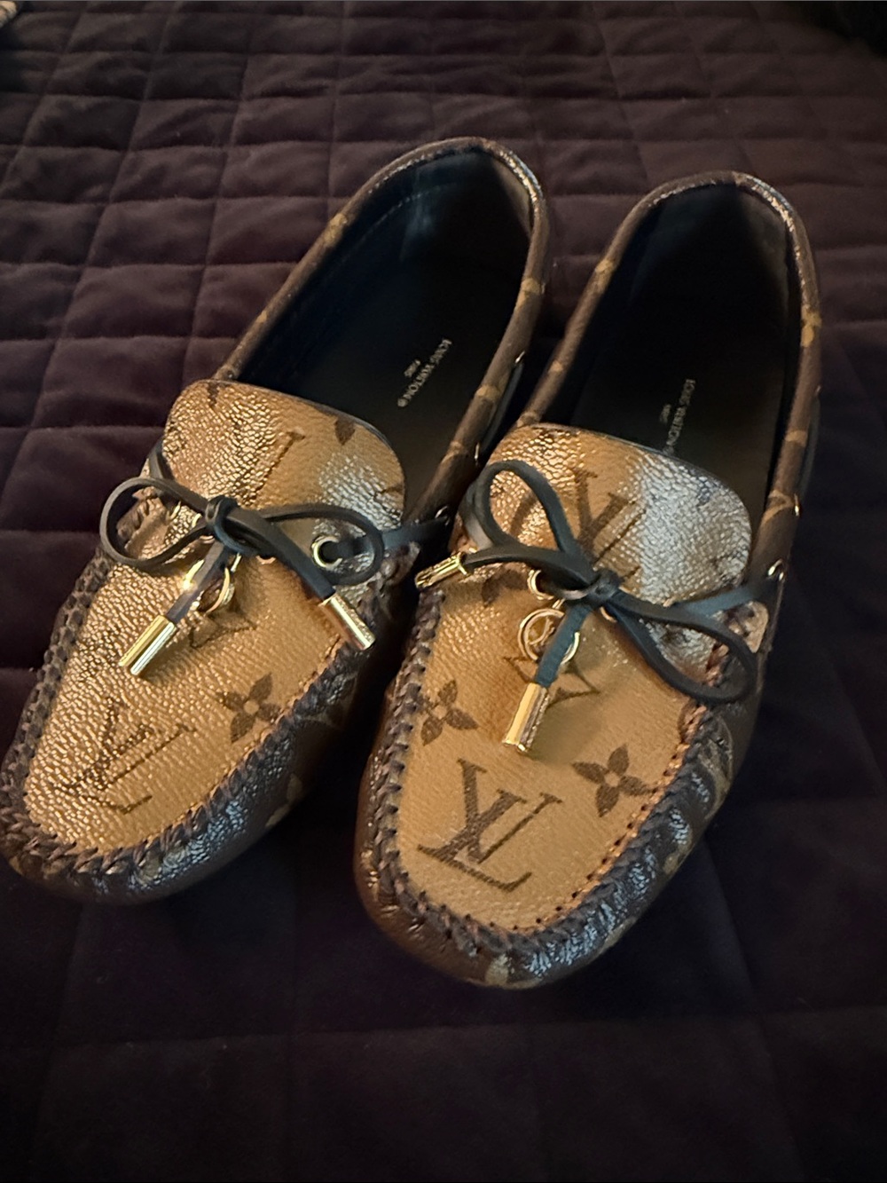 Louis Vuitton Women's Monogram Canvas Moccasin Loafers in Brown and Gold